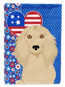 Longhair Cream Dachshund USA American House Flag Large Porch Sleeve Pole Decorative Outside Yard Banner Artwork Wall Hanging, Polyester, House Size