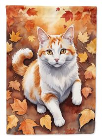 Turkish Van Cat in Fall Leaves House Flag Large Porch Sleeve Pole Decorative Outside Yard Banner Artwork Wall Hanging, Polyester, House Size