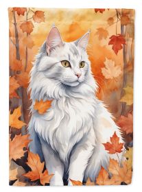 Turkish Angora Cat in Fall Leaves House Flag Large Porch Sleeve Pole Decorative Outside Yard Banner Artwork Wall Hanging, Polyester, House Size