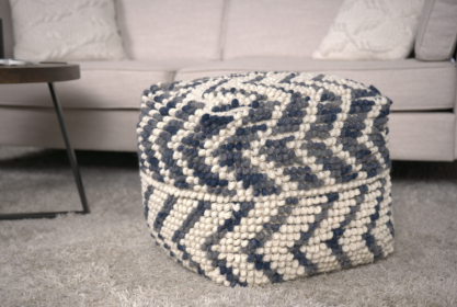 Alina Wool and Cotton Pouf, Natural and Blue