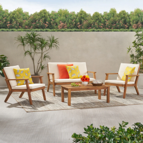 Temecula Outdoor Acacia Wood 4-Seater Chat Set - Brown Patina Finish + Cream Cushion