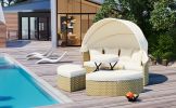 TOPMAX Patio Furniture Round Outdoor Sectional Sofa Set Rattan Daybed Two-Tone Weave Sunbed with Retractable Canopy