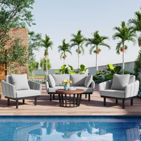 TOPMAX Luxury Modern 4-Piece Outdoor Iron Frame Conversation Set, Patio Chat Set with Acacia Wood Round Coffee Table for Backyard, Deck, Poolside