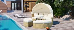 TOPMAX Patio Furniture Round Outdoor Sectional Sofa Set Rattan Daybed Two-Tone Weave Sunbed with Retractable Canopy