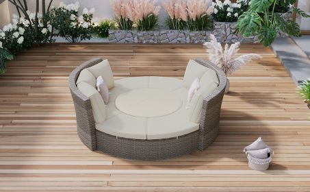 TOPMAX Patio 5-Piece Round Rattan Sectional Sofa Set All-Weather PE Wicker Sunbed Daybed with Round Liftable Table and Washable Cushions for Outdoor B