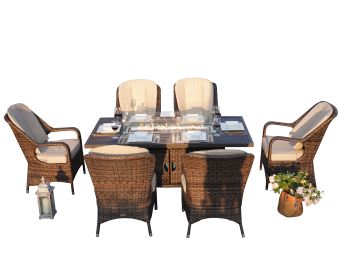 Direct Wicker Patio Fire Pit Dining Set 6-Seat Rectangular Aluminum Table with Rattan Chairs (Color: Brown)